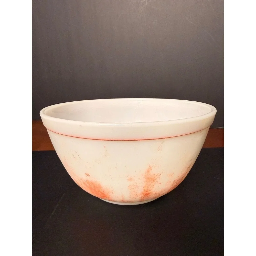 Vintage Pyrex White Milk Glass Mixing Bowl Red Stripe 417 Made in USA 7.5 Inch